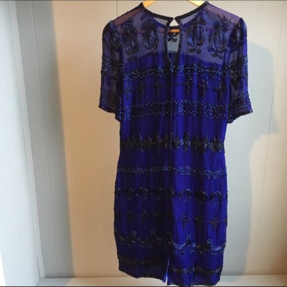 Vintage 1980s Blue Beaded Silk Dress - Picture 11 of 12